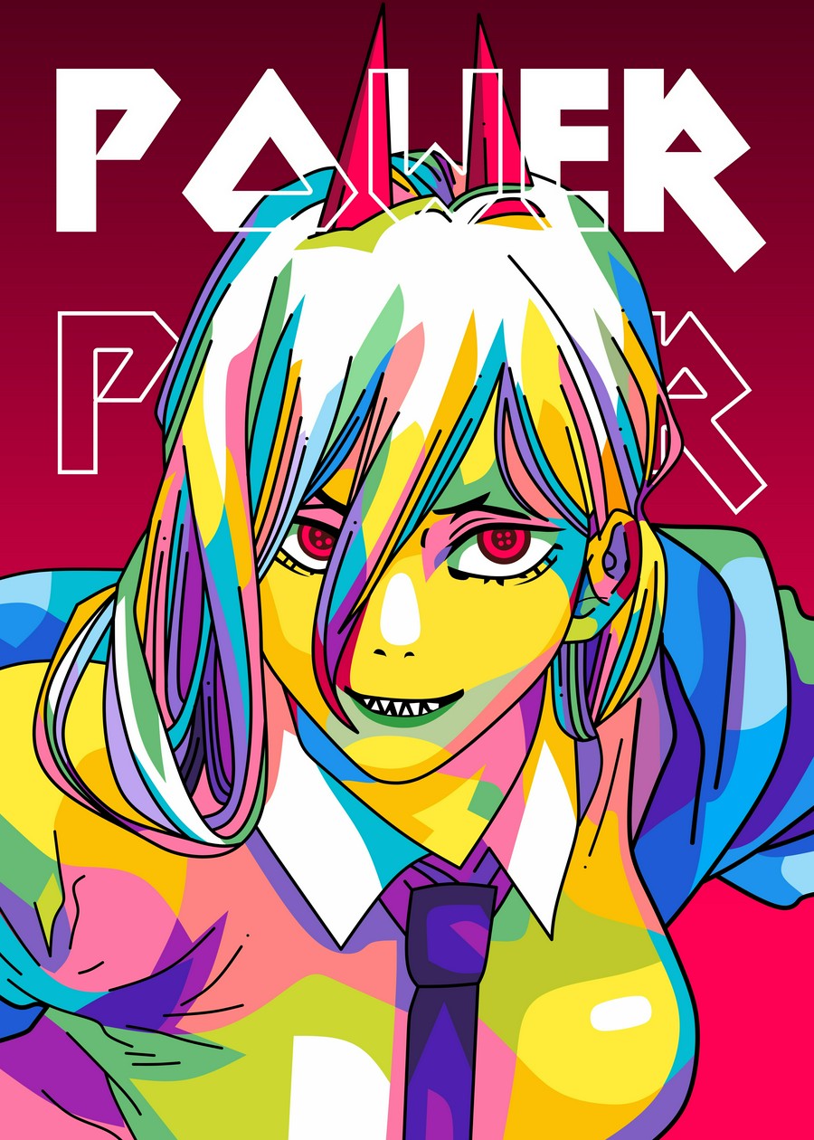 A bold WPAP-style illustration of Power from Chainsaw Man, featuring her signature mischievous grin and sharp, angular geometric design. The vibrant colors and intense expression capture her chaotic energy.