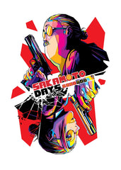 A striking WPAP-style illustration of Sakamoto from Sakamoto Days, depicting his dual personalities. The artwork creatively splits his face into two halves: one side shows his calm, heroic persona, while the other displays his darker, more intense side. Bold geometric shapes and vibrant colors enhance the contrast between these two facets.

