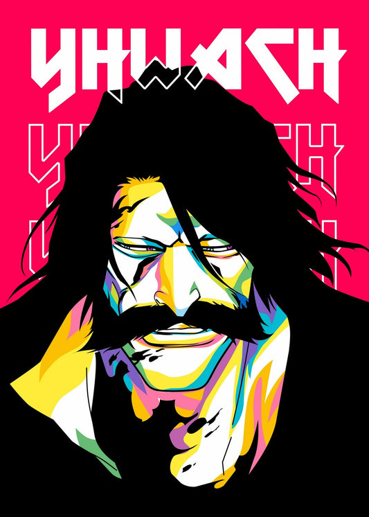 A bold and colorful WPAP-style illustration of Yhwach from Bleach. The artwork features sharp geometric shapes and vibrant tones, capturing his overwhelming presence and formidable aura in a striking and modern pop-art aesthetic.