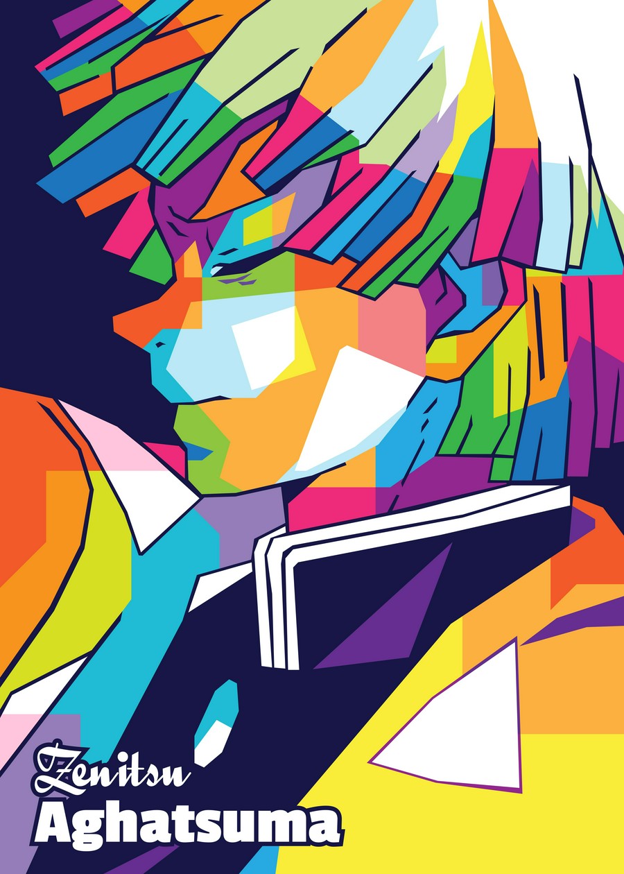 A bold WPAP-style illustration of Zenitsu Agatsuma from Demon Slayer. The artwork highlights his vibrant personality, combining geometric shapes and bright colors to capture his unique blend of bravery and anxiety, with a focus on his dynamic energy and determination.