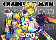 A striking WPAP-style illustration of Denji from Chainsaw Man, featuring multiple poses of him in different forms, with his pet Pochita and chainsaw in tow. The artwork highlights his playful yet fierce character, with bold geometric shapes and vibrant colors capturing the essence of his evil yet fun personality.