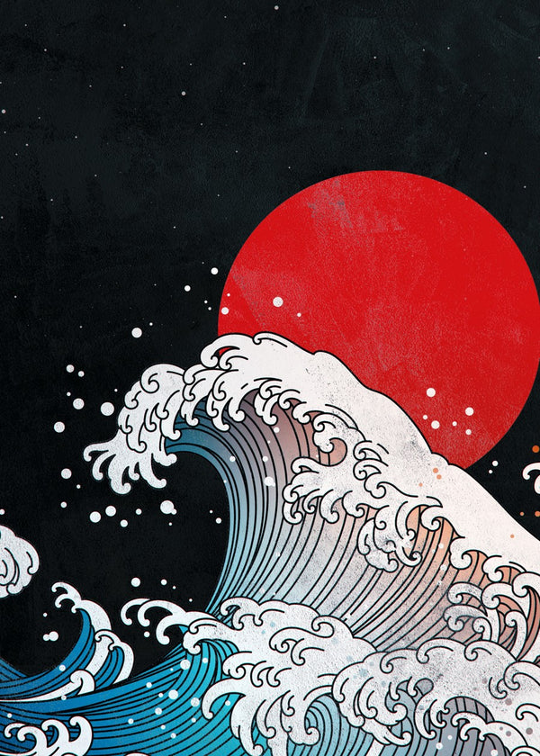 Red Sun Over Crashing Waves