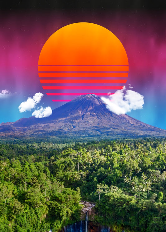 Synthwave sunset & mountain