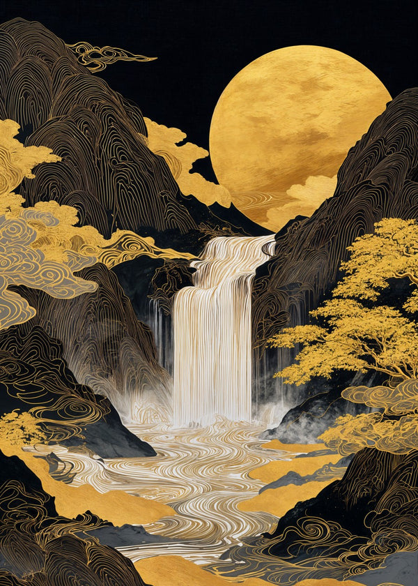 Golden Cascade Under Moonlight
