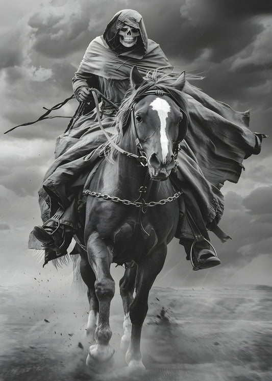 A powerful black-and-white photo of Ghost Rider, a skeletal figure dressed in a cloak, riding a horse across a dusty, intense landscape. The image captures the raw energy and motion of the rider as dust swirls around, emphasizing his unstoppable power. The dramatic lighting and dark shadows highlight the figure's strength and the eerie atmosphere of the scene.