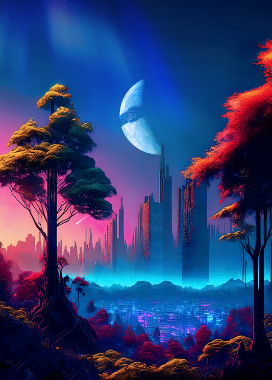 Neon cyberpunk city, forest
