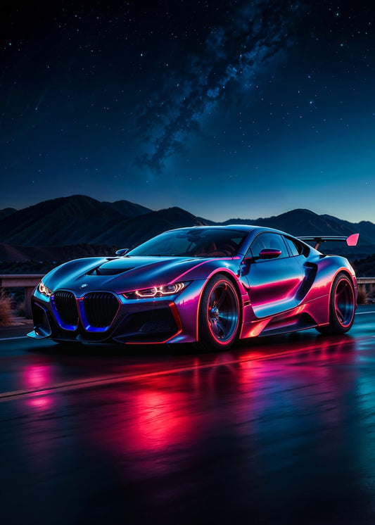 Neon BMW Sports Car at Night
