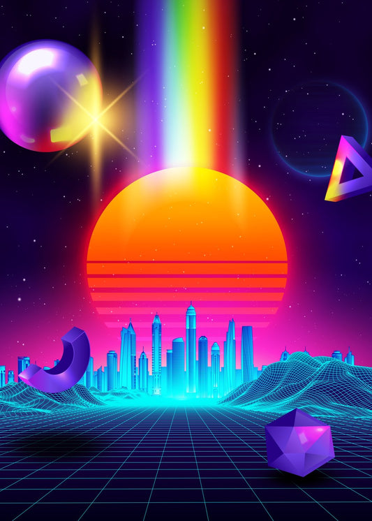 Neon sunset, city and sphere