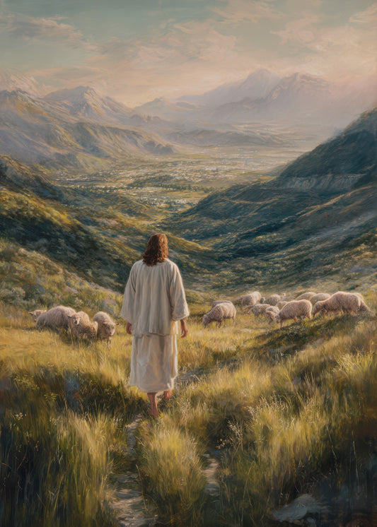 Jesus Walking with Sheeps