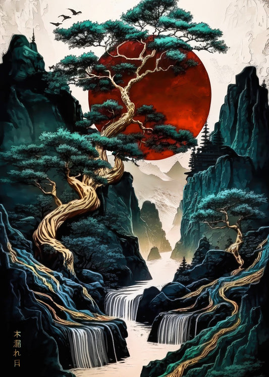 Japan landscape red moon