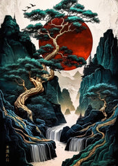 Japan landscape red moon