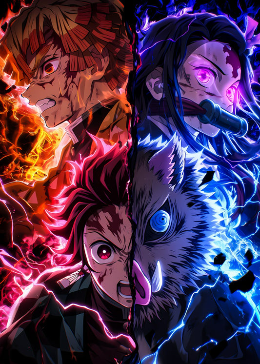 A dynamic illustration of the four main characters from Demon Slayer, showing their faces in battle-ready poses with intense expressions and vibrant colors.