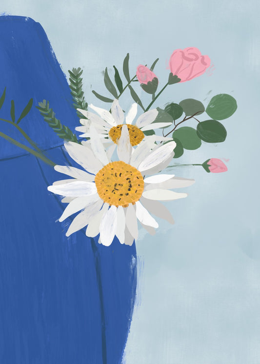 Daisies and roses in blue vase