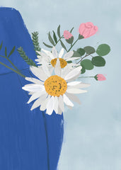 Daisies and roses in blue vase