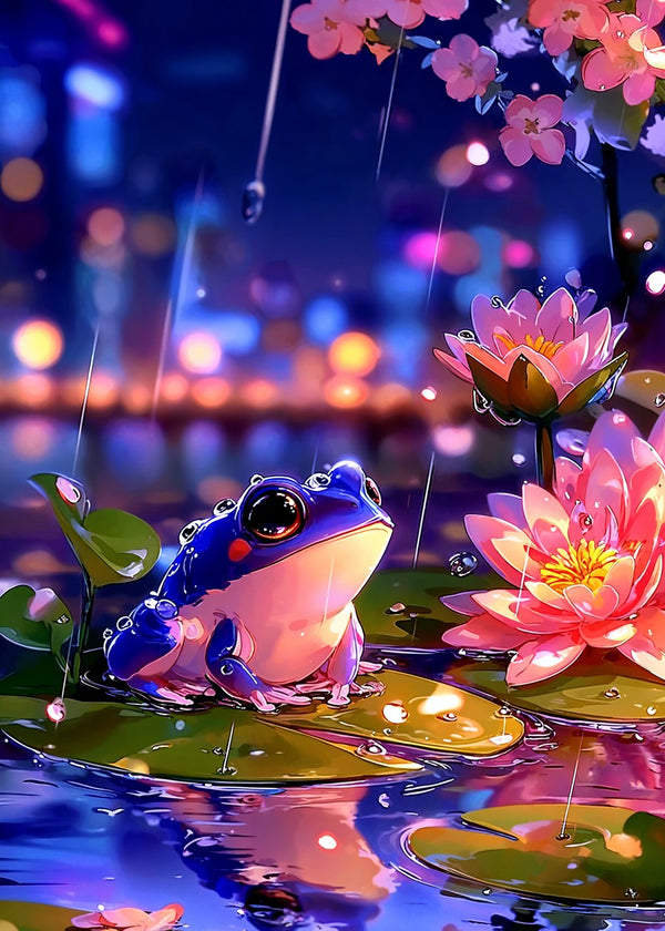 Rainy Night Frog on Lily Pond