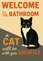 Tuxedo cat welcome bathroom 