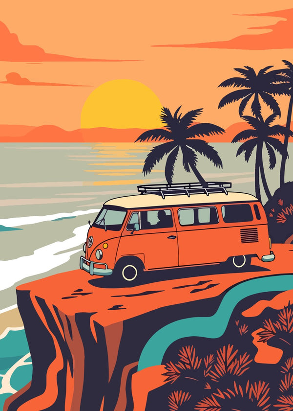 Retro van and sunset