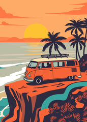 Retro van and sunset