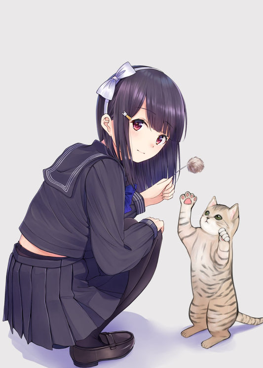 Anime girl playing with a cat