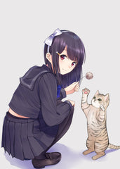 Anime girl playing with a cat