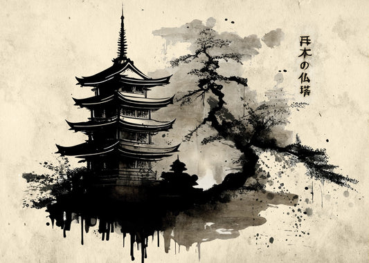 Japanese Sumi e Pagoda