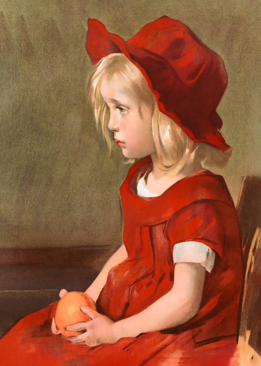 Girl with a red dress, holding an orange
