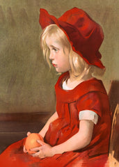 Girl with a red dress, holding an orange