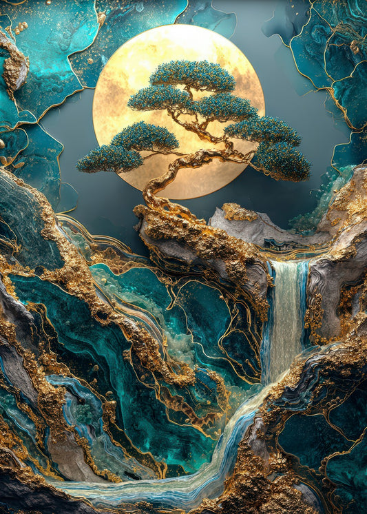 Golden Japanese Waterfall Landscape 