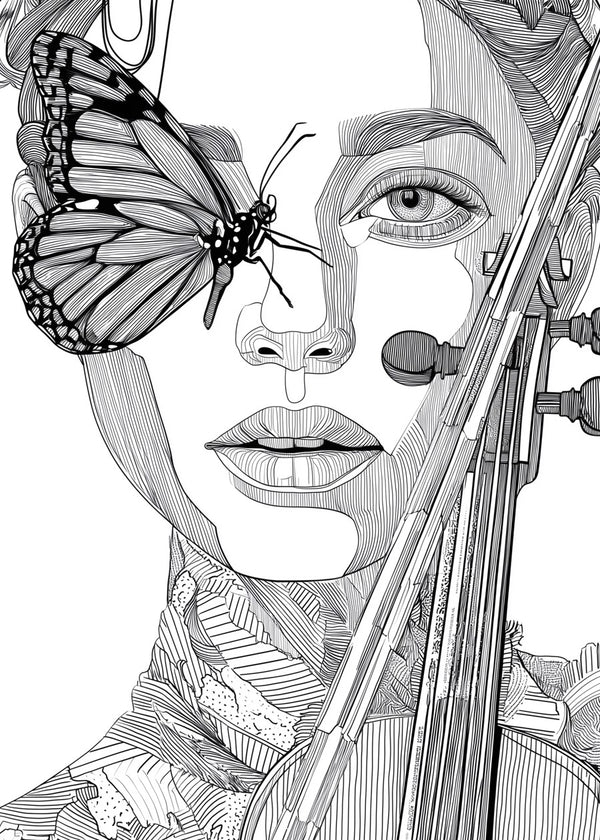 A woman violinist and a butterfly