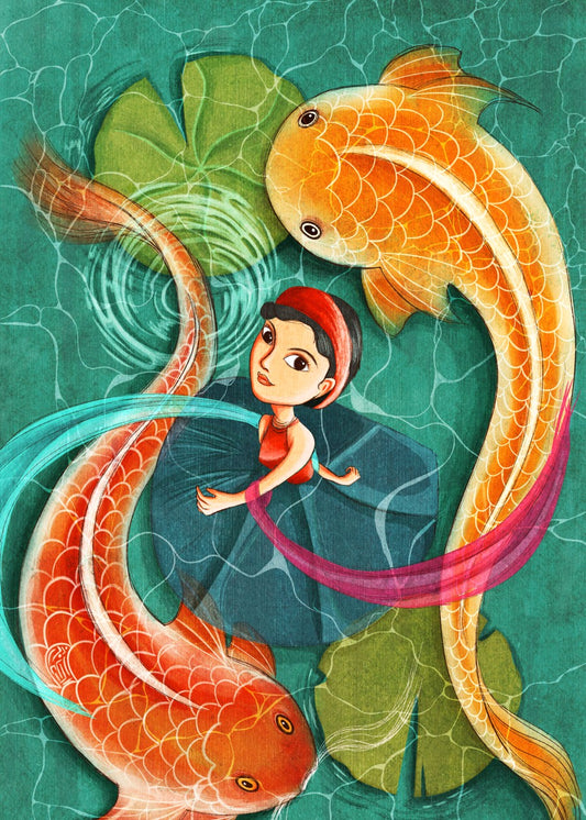 Vietnamese Girl and Two Koi Fishes