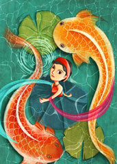Vietnamese Girl and Two Koi Fishes