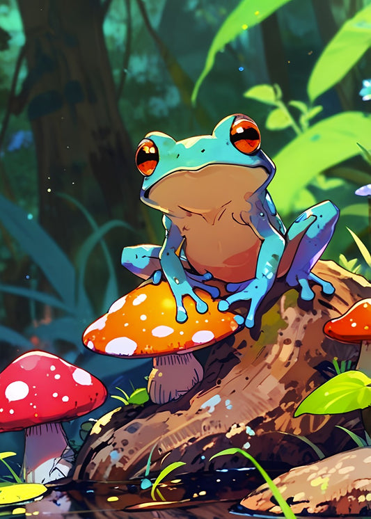 Frog on Rock and Mushroom