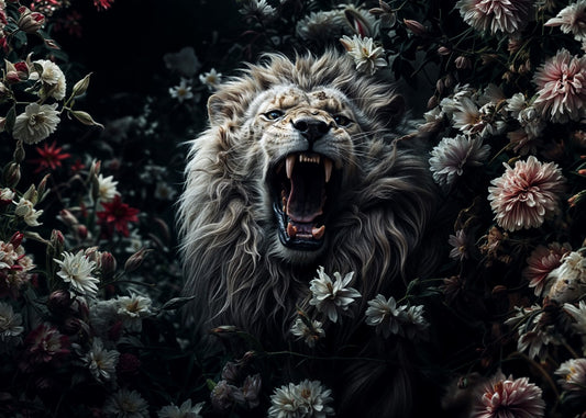 White lion amidst flowers