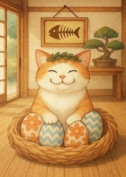 Smiling Cat with Easter Eggs