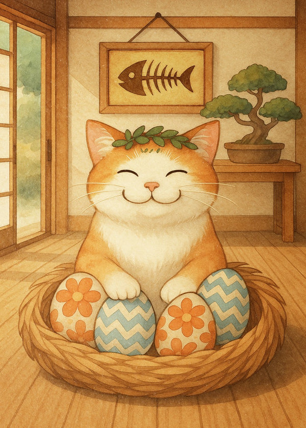 Smiling Cat with Easter Eggs