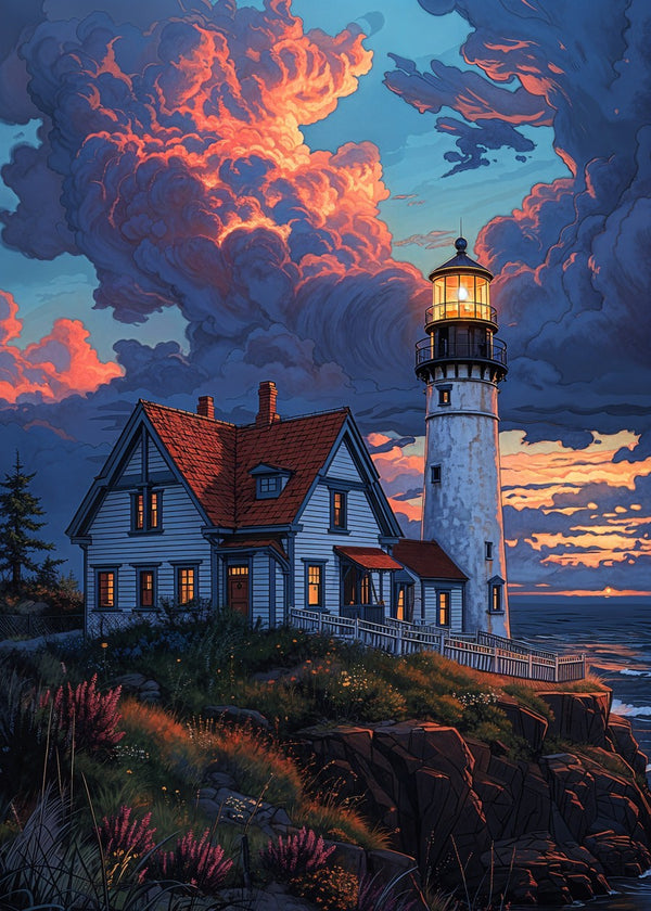 Lighthouse Amid Glowing Clouds