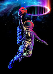 Astronaut holding on a basket ball