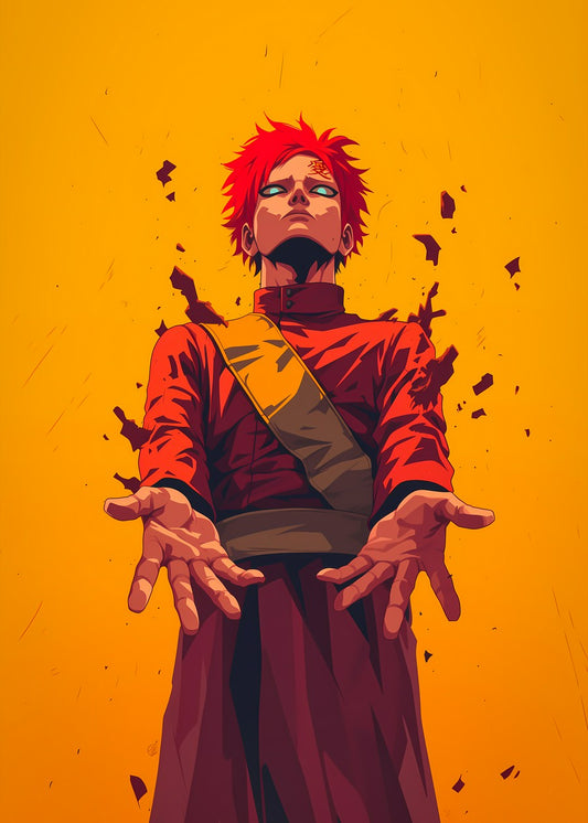 A striking illustration of Gaara from Naruto with vibrant colors and a blue-eyed stare.