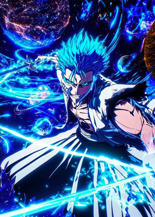 A powerful illustration of Grimmjow Jaegerjaquez from Bleach. The artwork showcases his fierce battle-ready stance, with intense blue tones and light radiating around him. His expression exudes strength and confidence, while the vibrant color contrasts with the energy of the scene. The dynamic composition highlights his combat prowess and raw power.