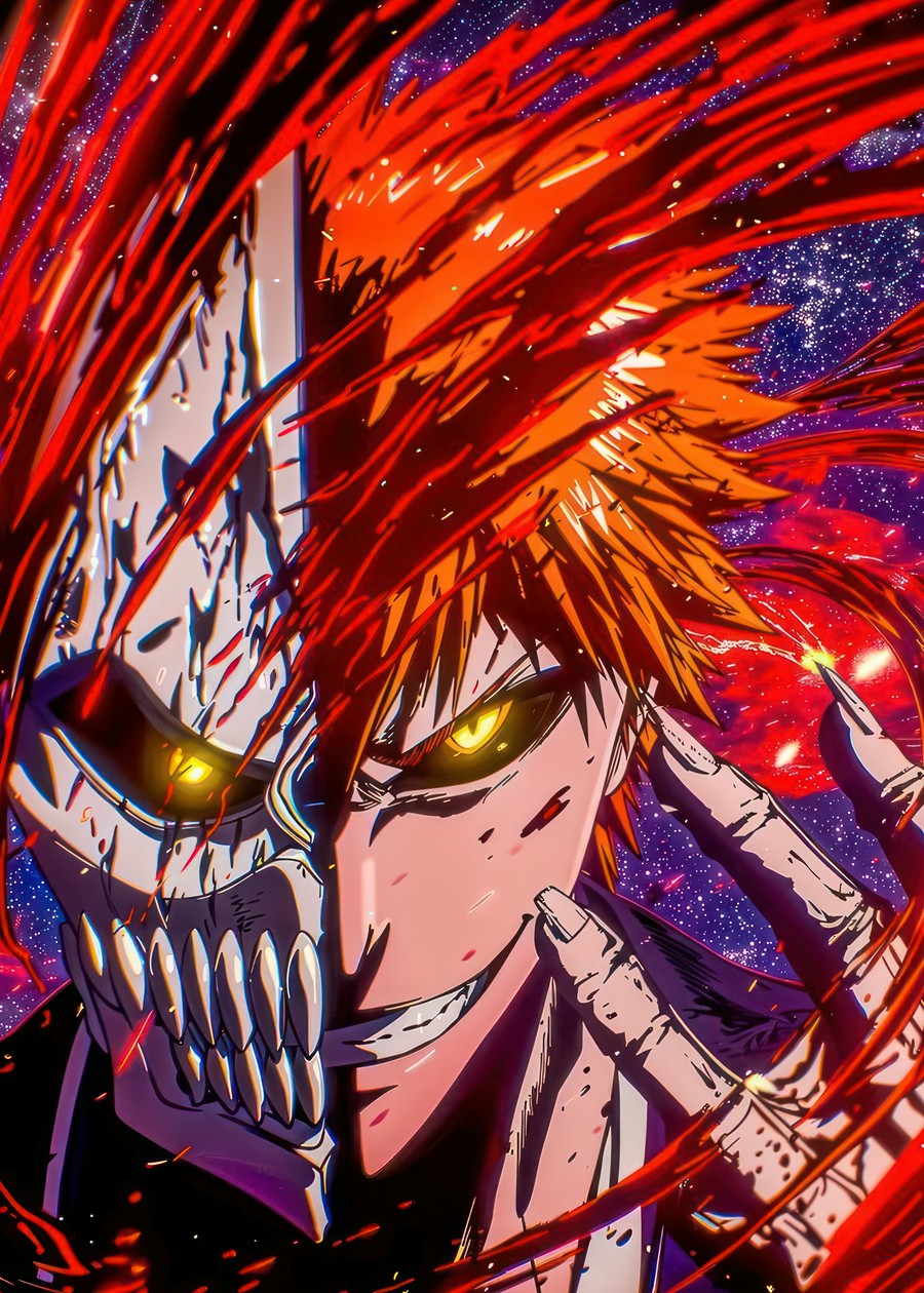 A vivid illustration of Ichigo from Bleach, with a close-up of his face. Half of his face is transformed into a skull, radiating an eerie, ominous vibe. His expression is one of confidence and a touch of malevolence, creating a sense of power and intrigue. The bright, intense visuals highlight the contrast between his human and hollow forms, emphasizing the dangerous edge of Ichigo’s character. This artwork captures the perfect balance of brightness and dark intensity.