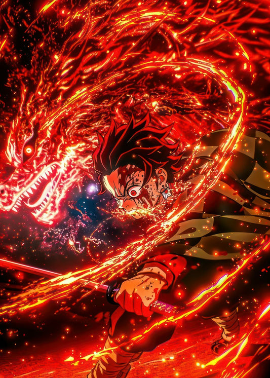 A dynamic illustration of Kamado Tanjiro from Demon Slayer, surrounded by intense red flames. His expression is wild and frenzied, capturing the energy of his battle state. The artwork is vivid, with striking motion effects enhancing the sense of power and chaos.