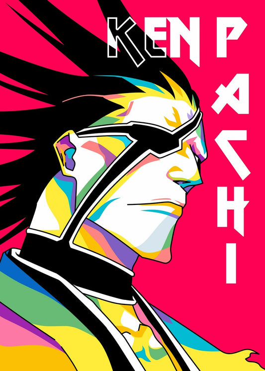 A dynamic WPAP illustration of Kenpachi Zaraki from Bleach, showcasing his fierce battle-ready expression. The bold colors and sharp angles capture his raw strength and unyielding spirit, making this artwork a powerful addition to any collection.