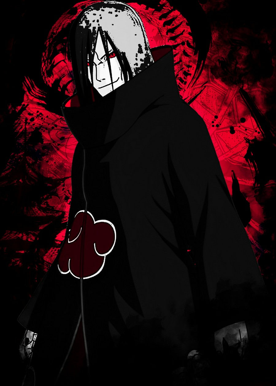 A mysterious ink-style illustration of Orochimaru from Naruto, set against a flowing black and red background resembling spreading ink. The composition blends traditional Japanese and Chinese artistic influences, enhancing the eerie and enigmatic aura of the legendary shinobi.