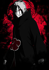 A mysterious ink-style illustration of Orochimaru from Naruto, set against a flowing black and red background resembling spreading ink. The composition blends traditional Japanese and Chinese artistic influences, enhancing the eerie and enigmatic aura of the legendary shinobi.