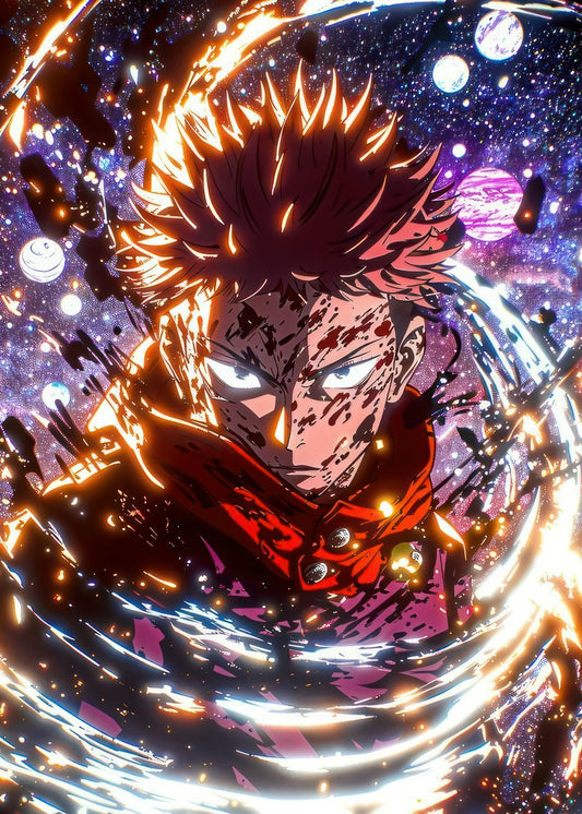 A captivating illustration of Yuji Itadori from Jujutsu Kaisen, showcasing his fierce and intense expression. His face is marked with bloodstains, and his sharp eyes exude anger and determination. A bright aura of light surrounds him, symbolizing his power. The background features a mesmerizing starry sky with glowing points of light, adding a sense of otherworldly energy. 