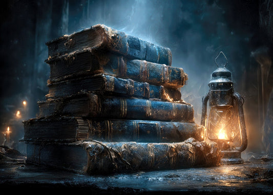 Antique Book Stack and Lantern