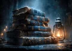Antique Book Stack and Lantern