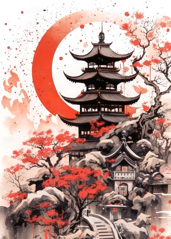 Pagoda Under Crimson Moon