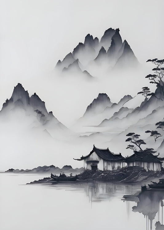 japanese black and white watercolor painting