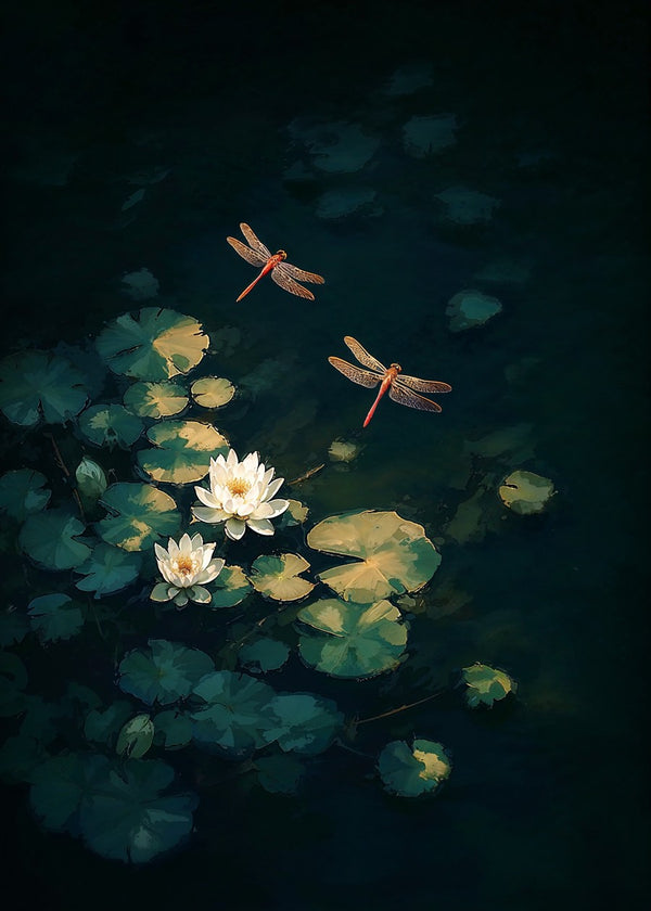 Dragonflies Over Water Lilies